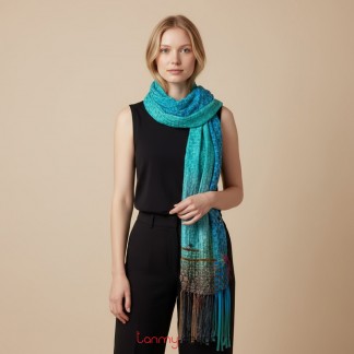 Blue Kim Long hand-knitted organza silk and velvet scarf with lazy buttons